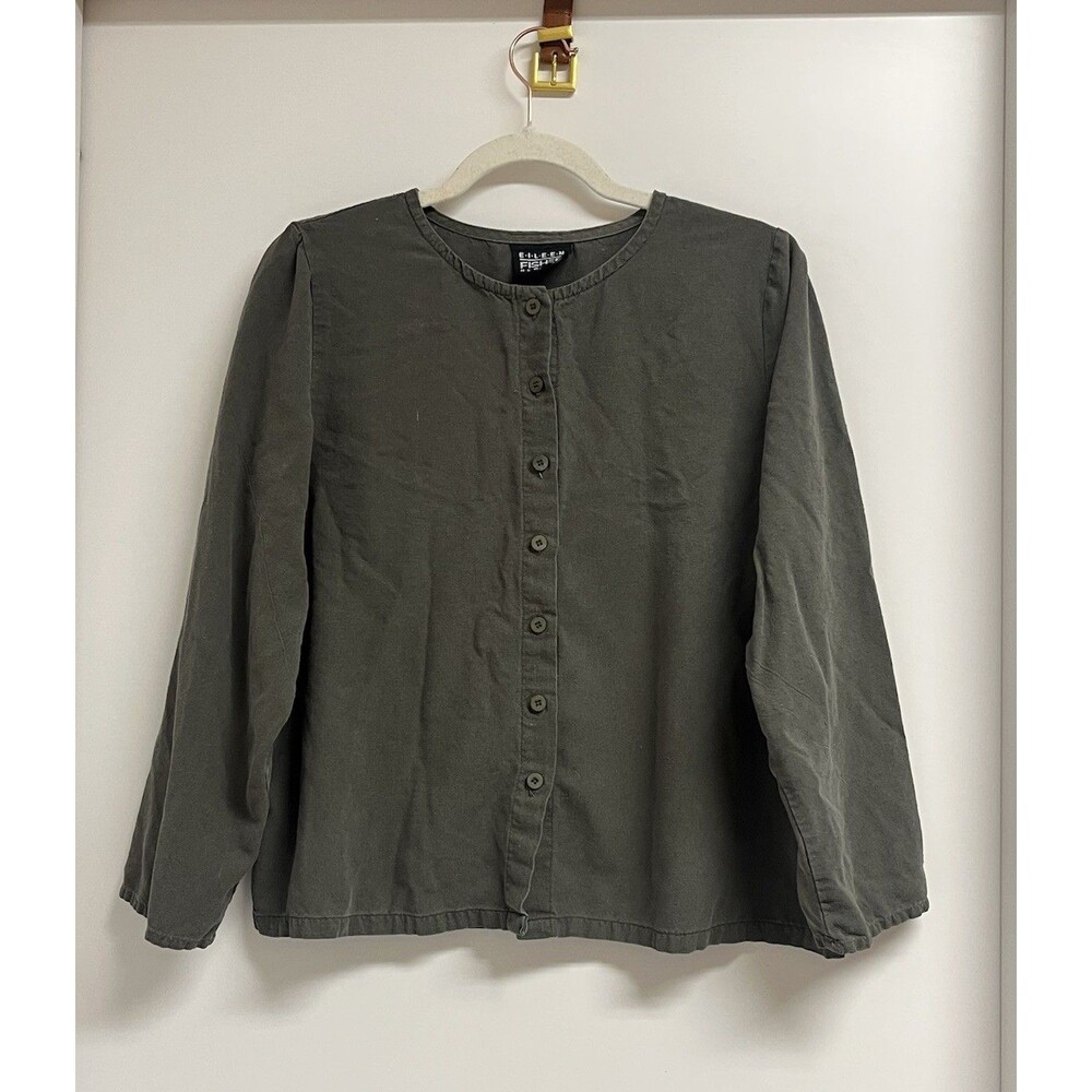 Vintage Eileen Fisher 100% Silk Top Women’s Khaki Button Up Long Sleeve Medium